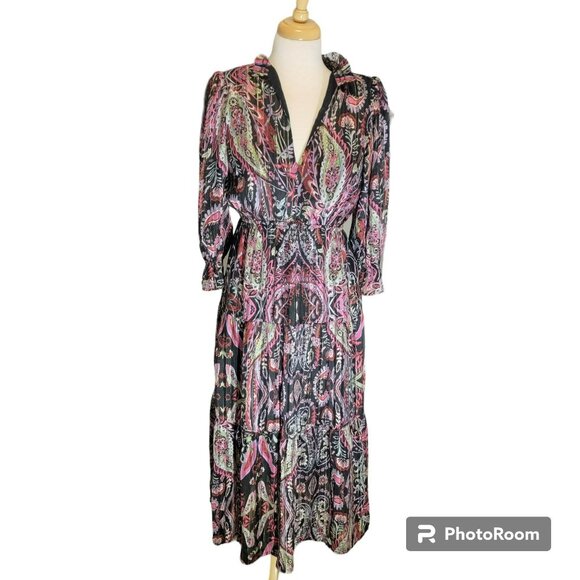 Elan Dresses & Skirts - Elan Maxi Dress, Women S, Black Purple & White w/Gold Metallic, Paisley, EUC